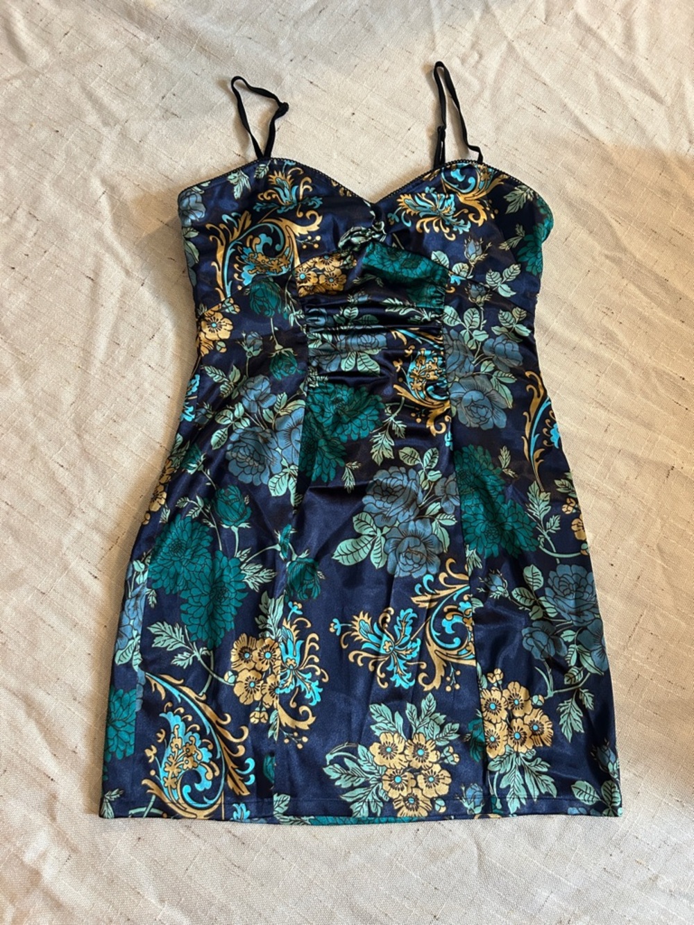 Guess Floral Satin Mini Dress Y2K Blue Teal Ruched Bust Stretch Size 5
